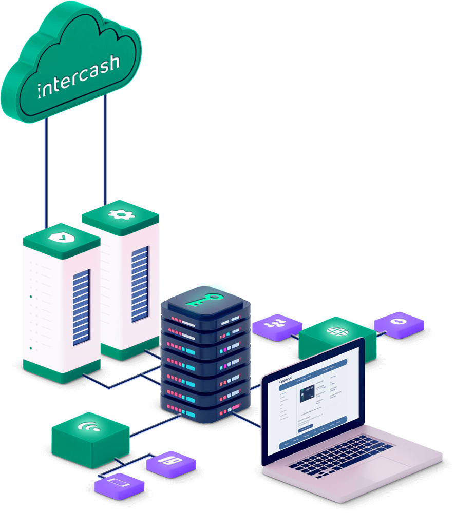 Isometric diagram of the Intercash turnkey programme: a branded cloud platform connecting card issuing, business payouts, compliance and a management dashboard as one operated system.