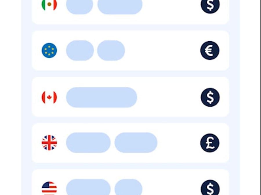 Payout rows for several regions and currencies, each marked with its country and currency.